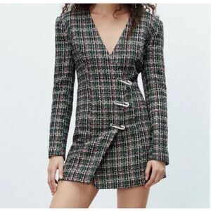 NWT Zara Tweed Textured Blazer Dress Women’s Large Lined Metallic Crystal Closur